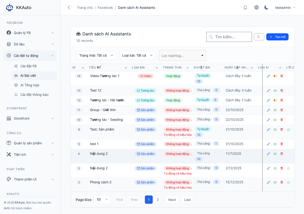 Trang AI Bài viết trên Website quản lý