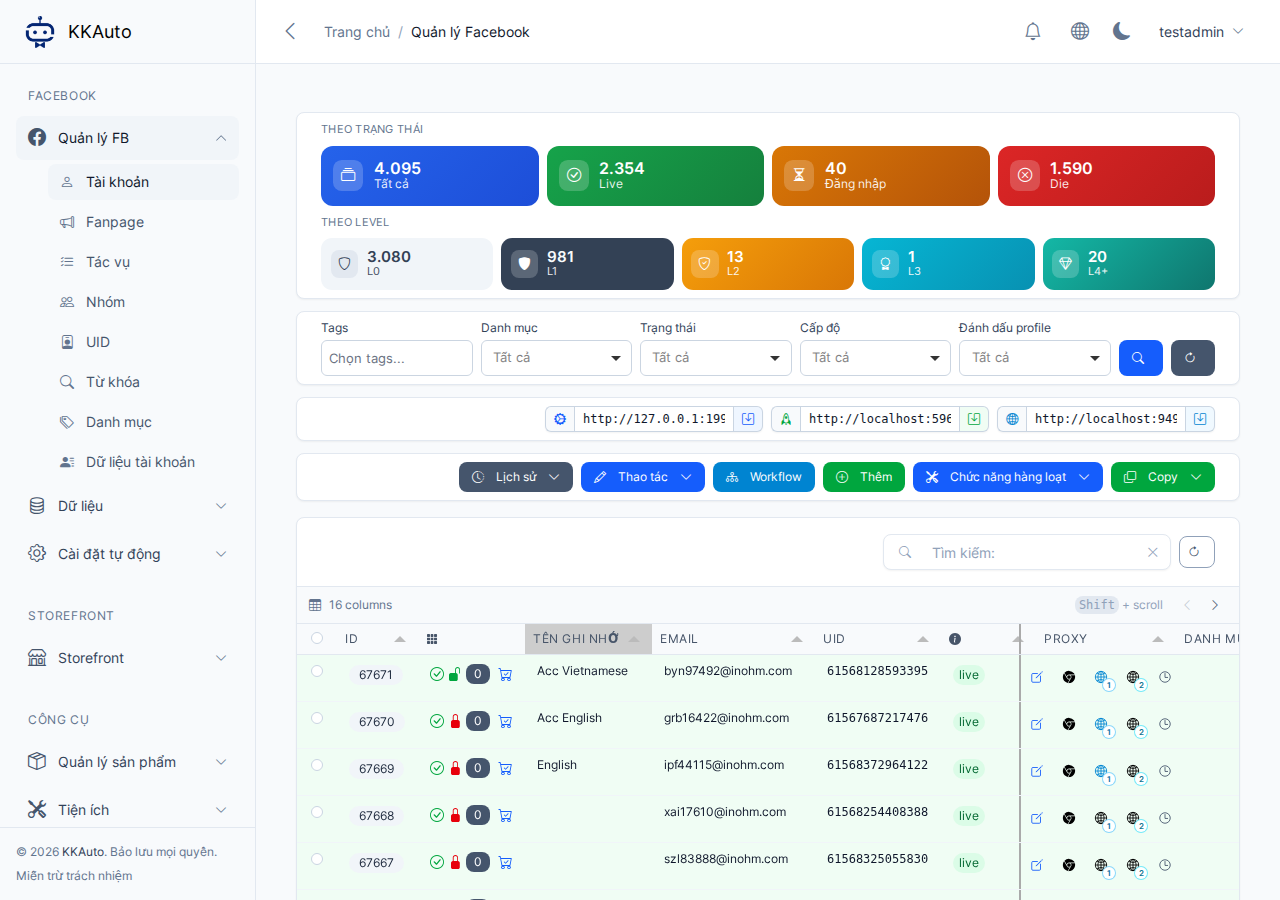 Danh sách tài khoản Facebook trên Website quản lý