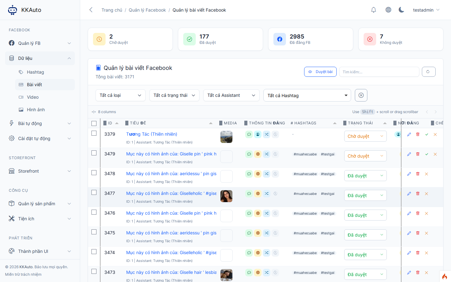 Trang Dữ liệu > Bài viết trên Website quản lý