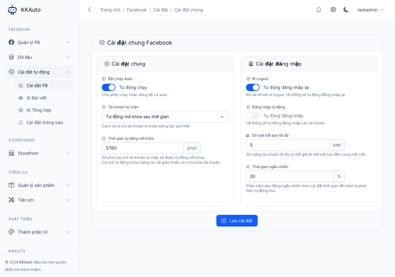 Cài đặt cấp độ tương tác FB trên Website quản lý
