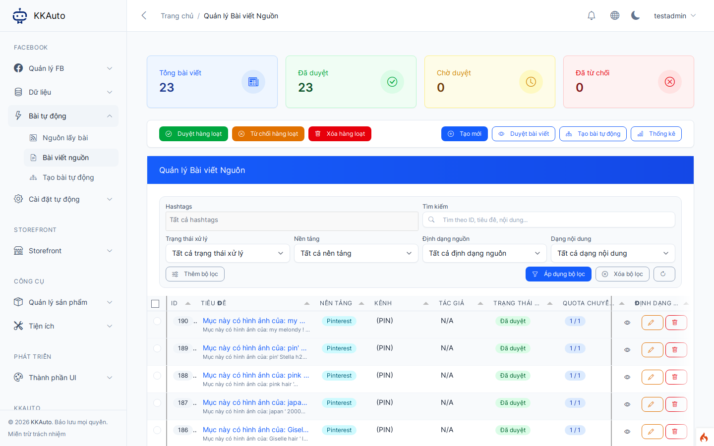 Trang Bài viết nguồn trên Website quản lý