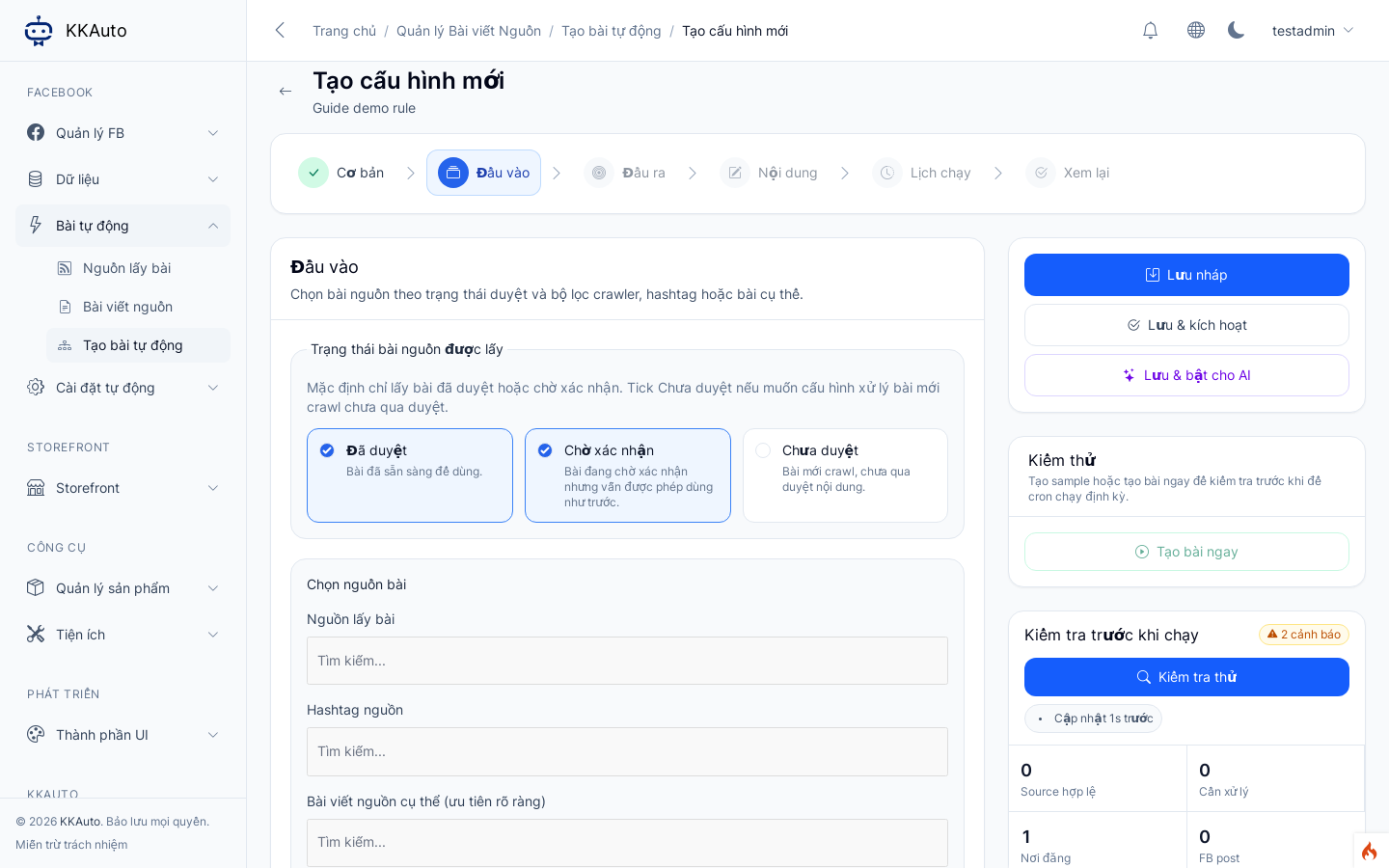 Tab Đầu vào của workflow Tạo bài tự động