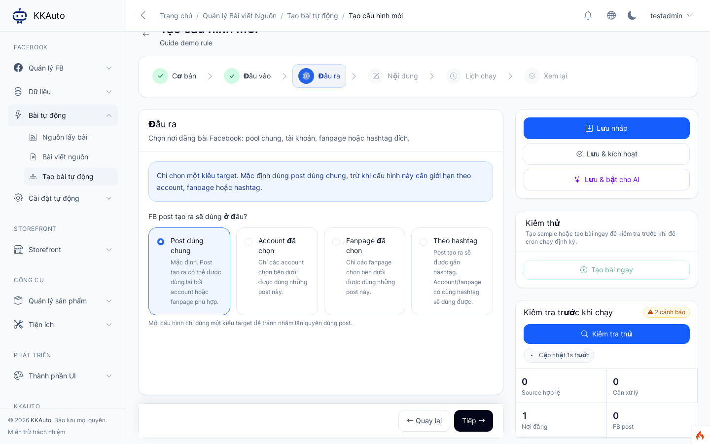 Tab Đầu ra của workflow Tạo bài tự động