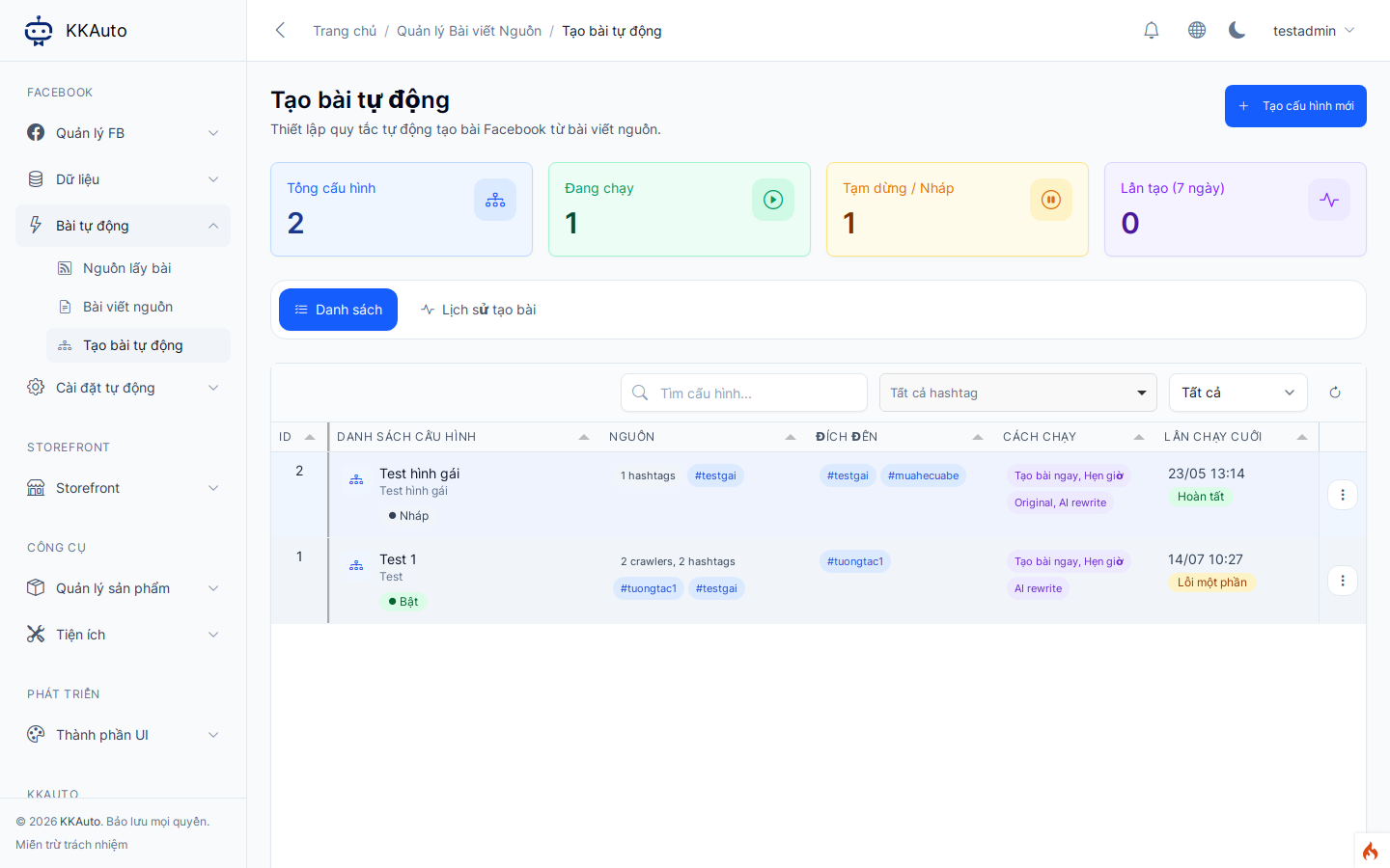 Danh sách Tạo bài tự động trên Website quản lý